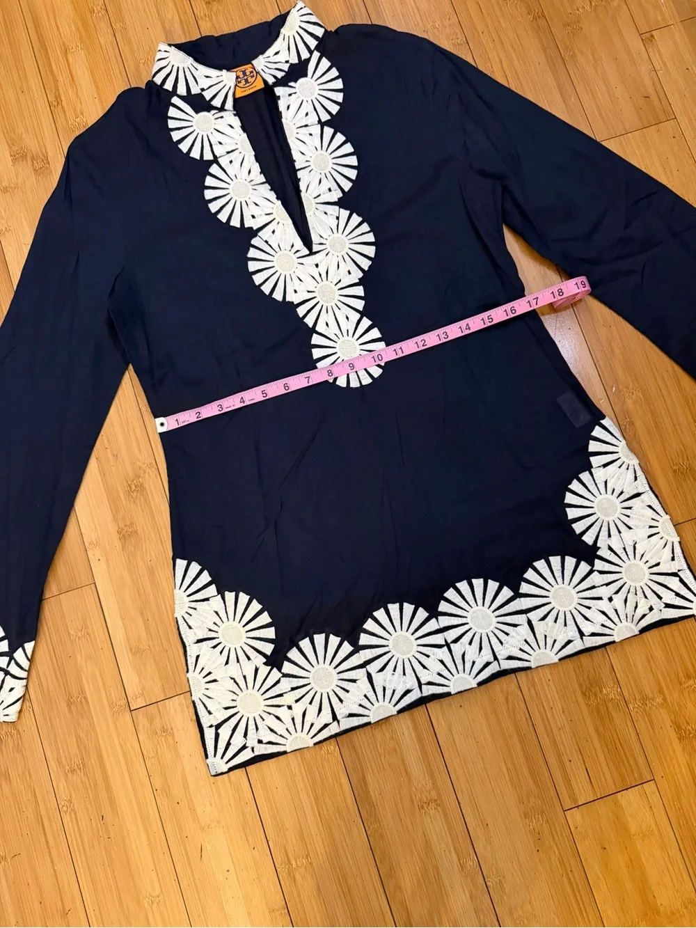 Tory Burch Navy Tunic Top Embroidered Trim Size 12